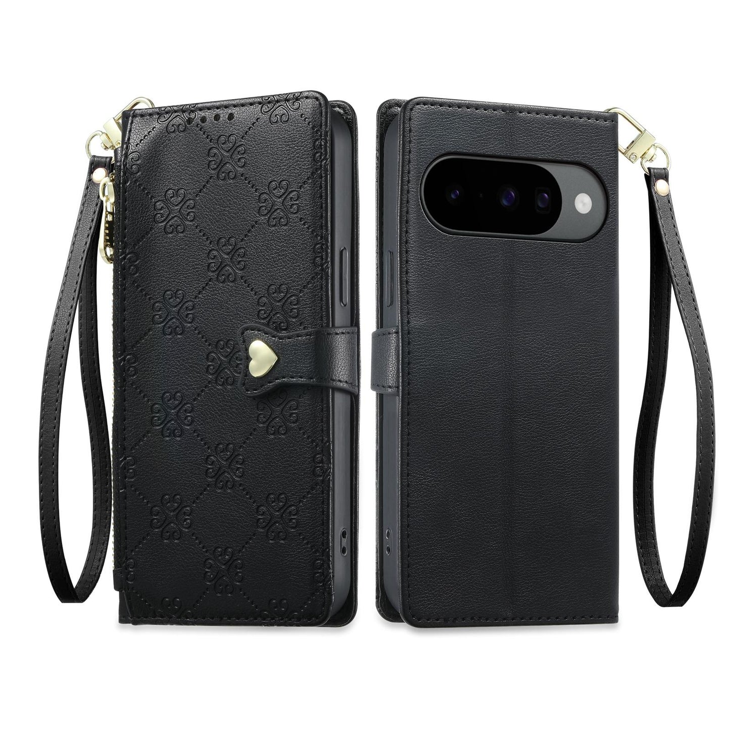 For Google Pixel 11 Pro / 11 / 10 Pro Zipper Wallet Heart Buckle Vegan Leather Phone Case with Wrist Strap(Black)
