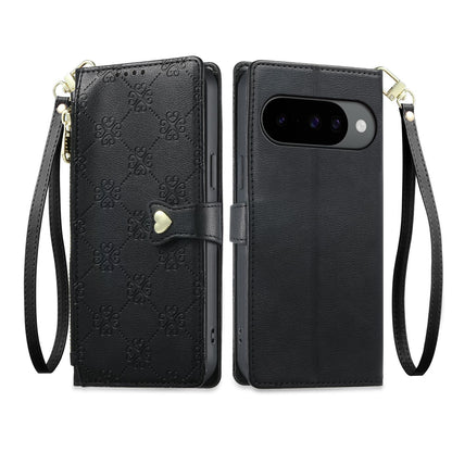 For Google Pixel 11 Pro / 11 / 10 Pro Zipper Wallet Heart Buckle Vegan Leather Phone Case with Wrist Strap(Black)