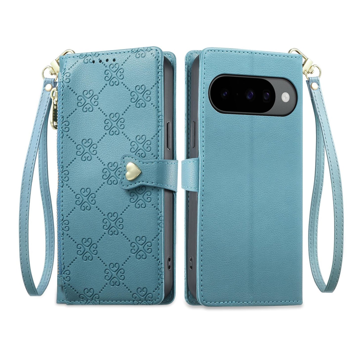 For Google Pixel 11 Pro / 11 / 10 Pro Zipper Wallet Heart Buckle Vegan Leather Phone Case with Wrist Strap(Lake Blue)