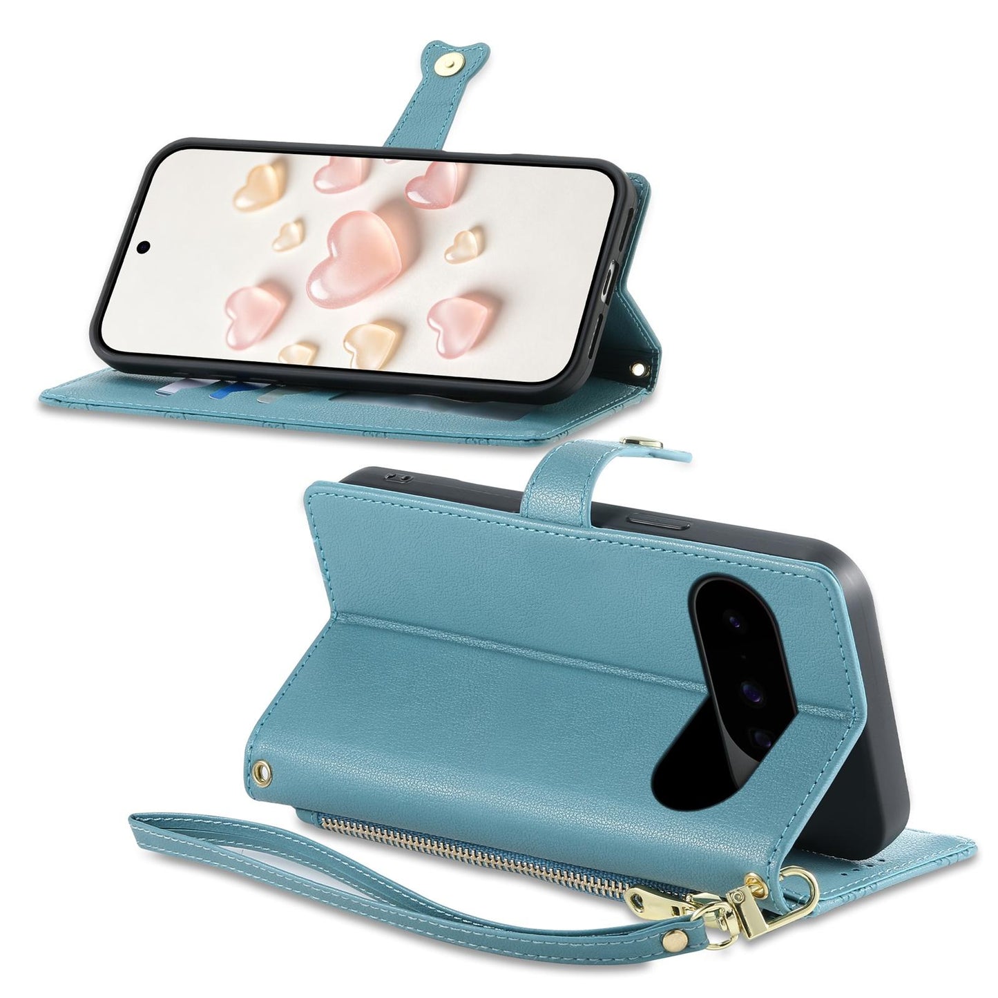 For Google Pixel 11 Pro / 11 / 10 Pro Zipper Wallet Heart Buckle Vegan Leather Phone Case with Wrist Strap(Lake Blue)