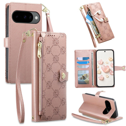 For Google Pixel 11 Pro / 11 / 10 Pro Zipper Wallet Heart Buckle Vegan Leather Phone Case with Wrist Strap(Pink)