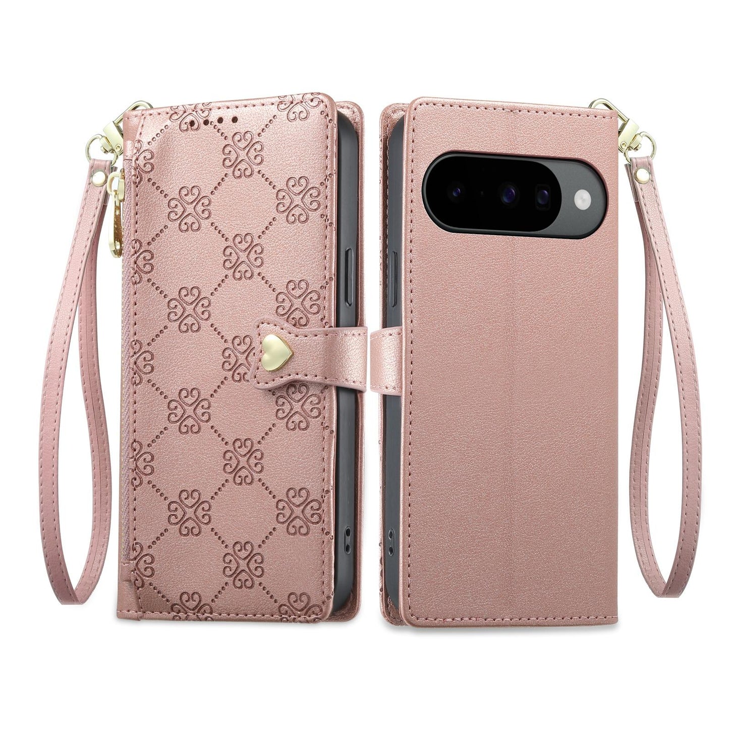 For Google Pixel 11 Pro / 11 / 10 Pro Zipper Wallet Heart Buckle Vegan Leather Phone Case with Wrist Strap(Pink)