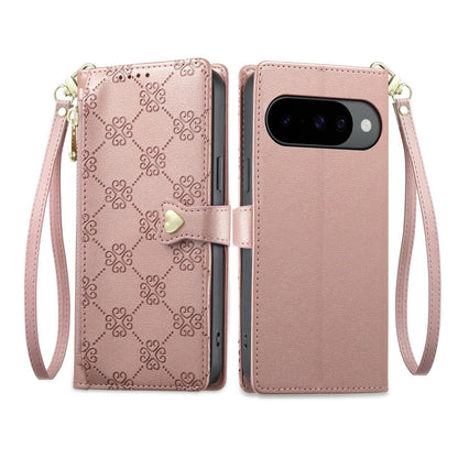 For Google Pixel 11 Pro / 11 / 10 Pro Zipper Wallet Heart Buckle Vegan Leather Phone Case with Wrist Strap(Pink)