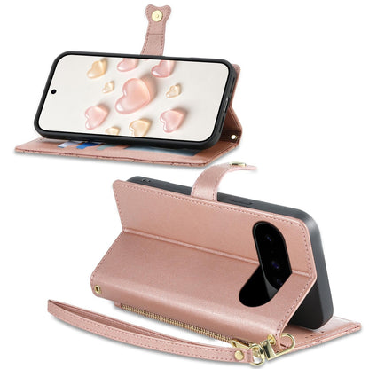 For Google Pixel 11 Pro / 11 / 10 Pro Zipper Wallet Heart Buckle Vegan Leather Phone Case with Wrist Strap(Pink)