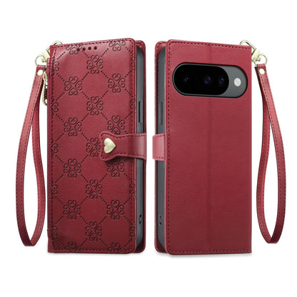 For Google Pixel 11 Pro / 11 / 10 Pro Zipper Wallet Heart Buckle Vegan Leather Phone Case with Wrist Strap(Red)
