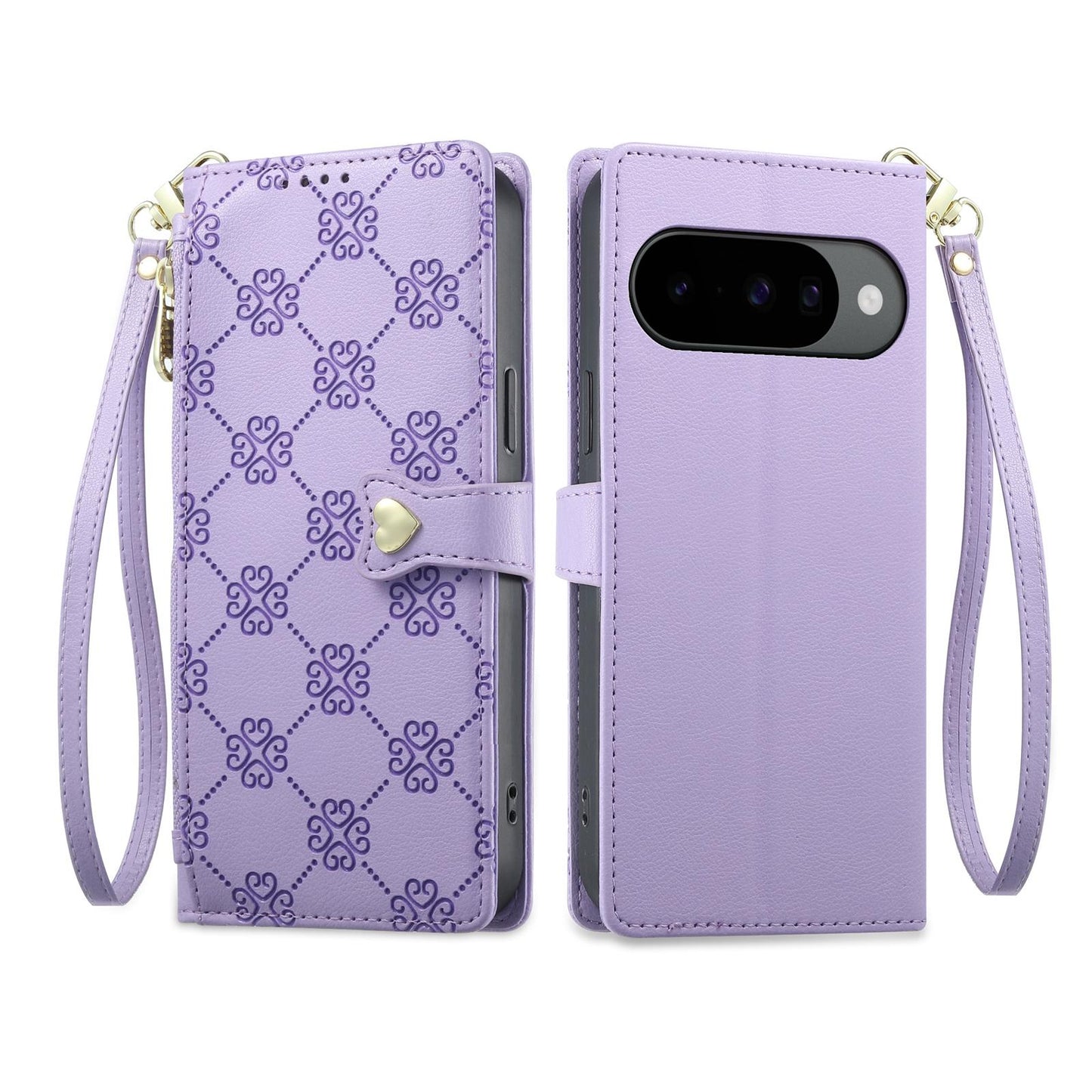 For Google Pixel 11 Pro / 11 / 10 Pro Zipper Wallet Heart Buckle Vegan Leather Phone Case with Wrist Strap(Purple)