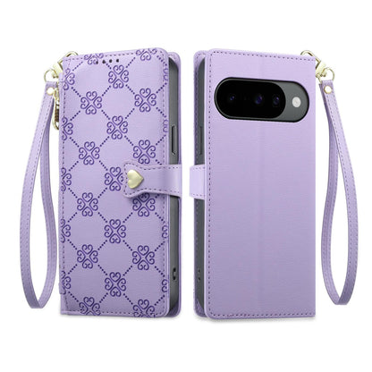 For Google Pixel 11 Pro / 11 / 10 Pro Zipper Wallet Heart Buckle Vegan Leather Phone Case with Wrist Strap(Purple)