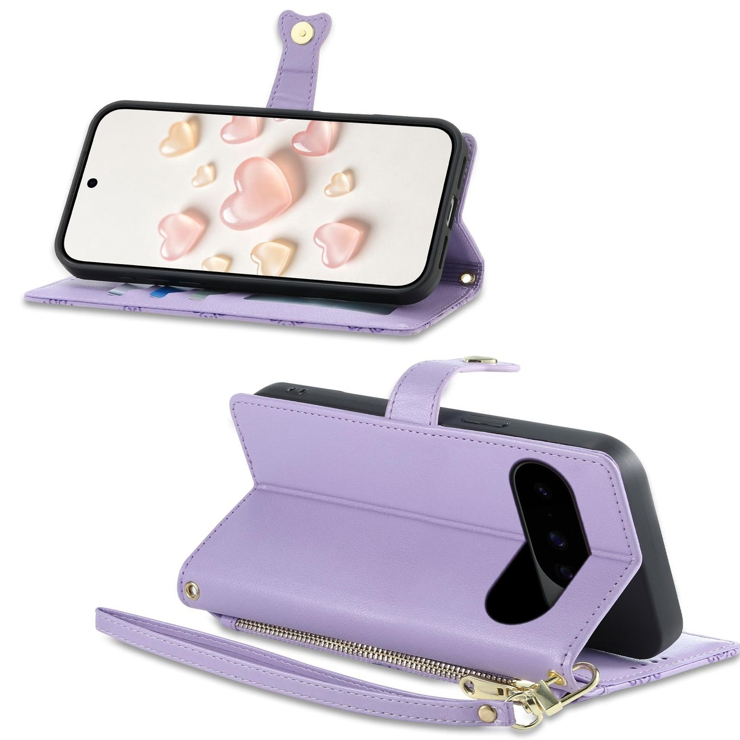 For Google Pixel 11 Pro / 11 / 10 Pro Zipper Wallet Heart Buckle Vegan Leather Phone Case with Wrist Strap(Purple)