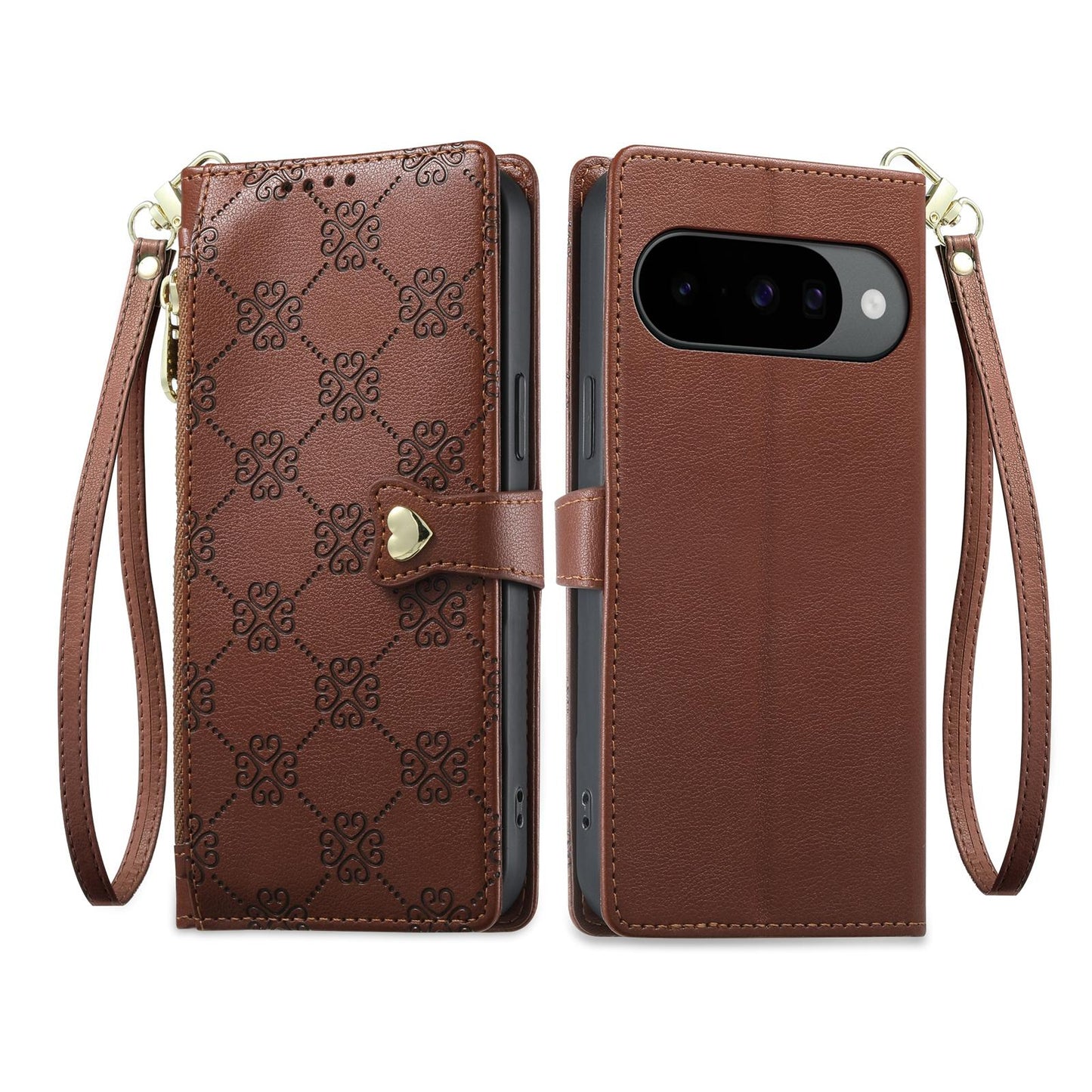 For Google Pixel 11 Pro / 11 / 10 Pro Zipper Wallet Heart Buckle Vegan Leather Phone Case with Wrist Strap(Brown)