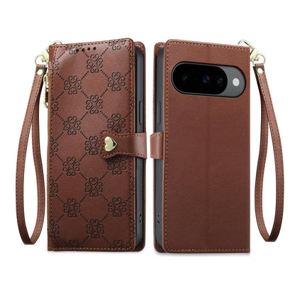For Google Pixel 11 Pro / 11 / 10 Pro Zipper Wallet Heart Buckle Vegan Leather Phone Case with Wrist Strap(Brown)