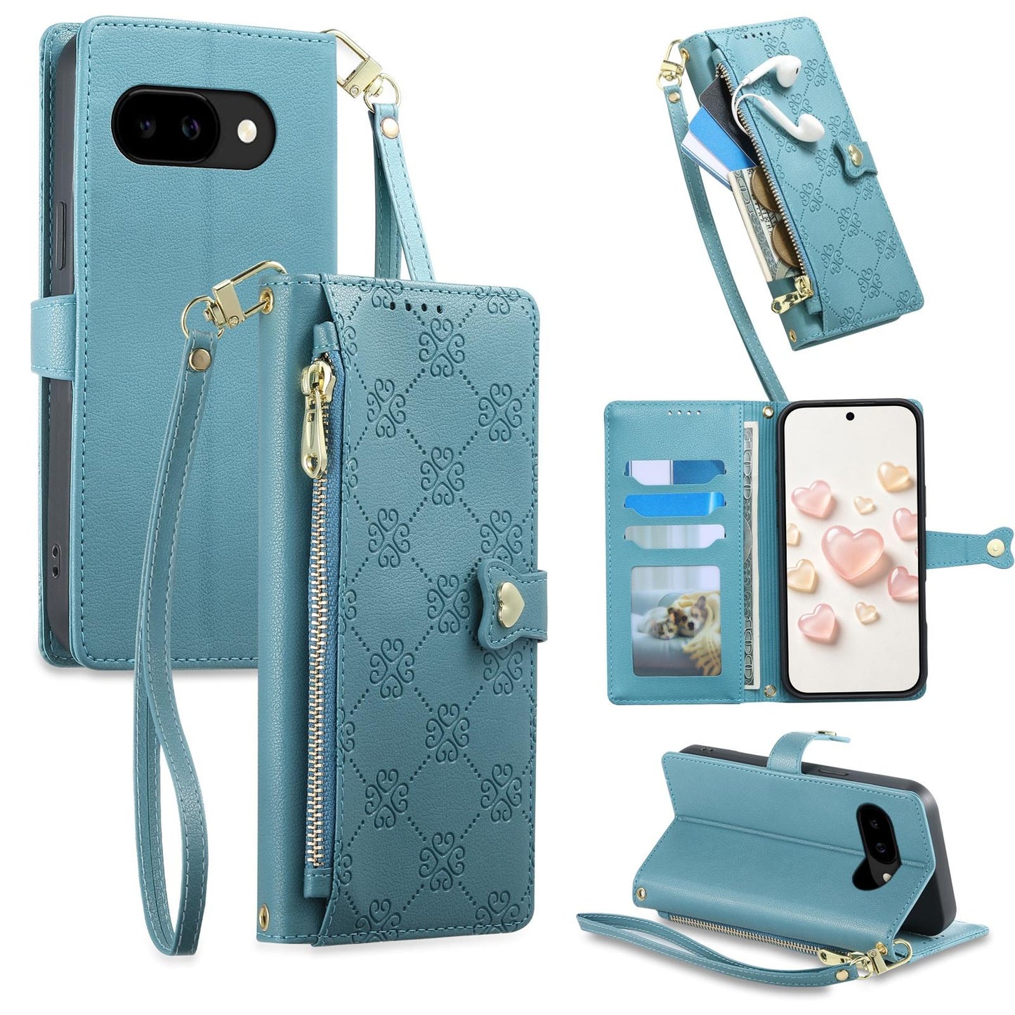 For Google Pixel 9a Zipper Wallet Heart Buckle Vegan Leather Phone Case with Wrist Strap(Lake Blue)