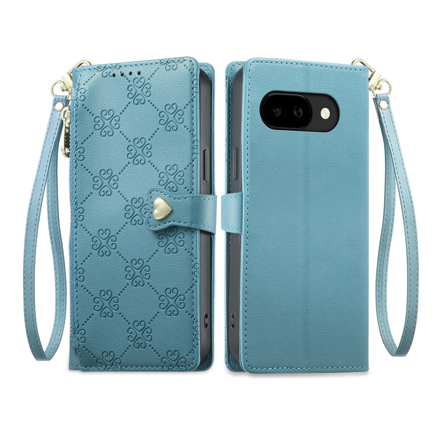 For Google Pixel 9a Zipper Wallet Heart Buckle Vegan Leather Phone Case with Wrist Strap(Lake Blue)