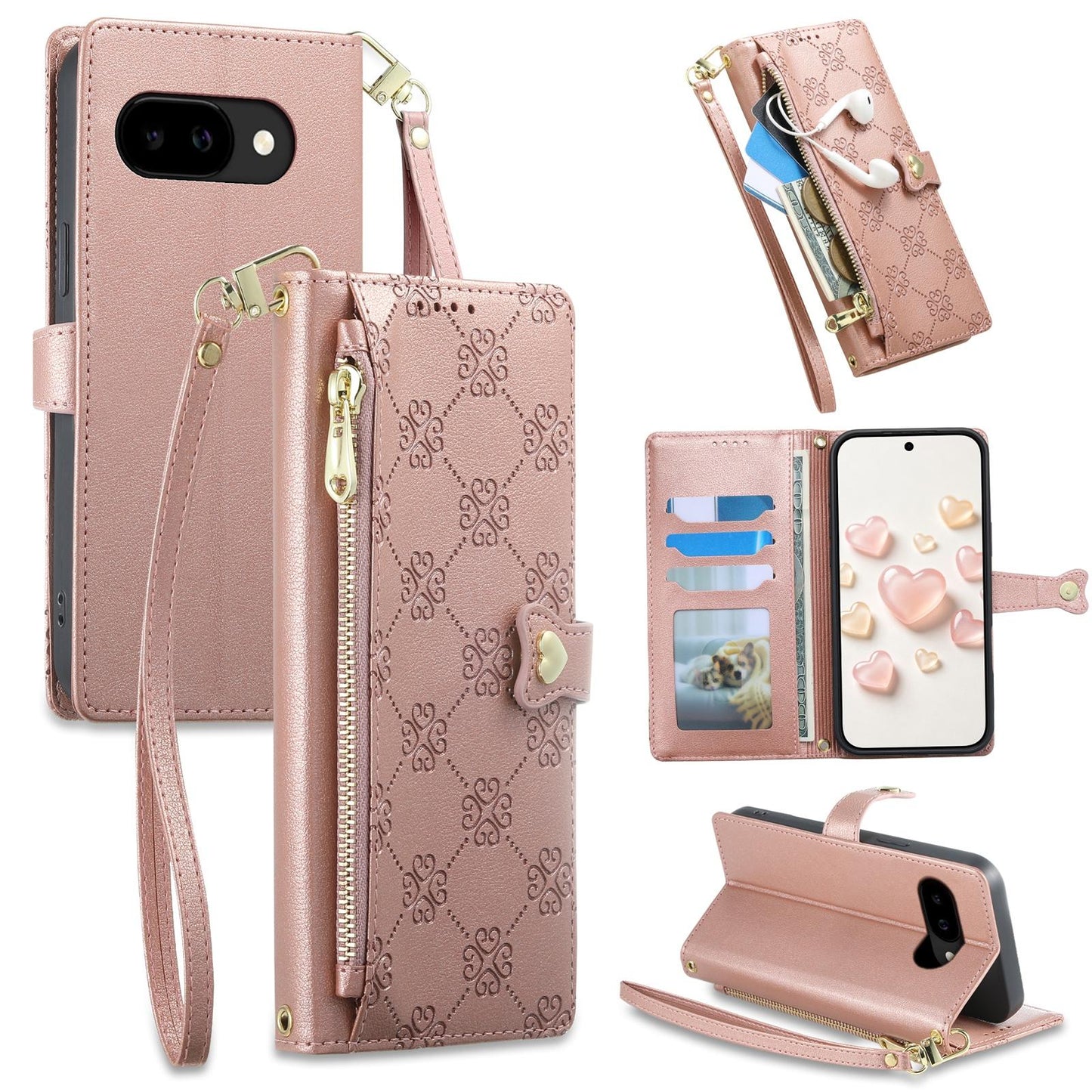 For Google Pixel 9a Zipper Wallet Heart Buckle Vegan Leather Phone Case with Wrist Strap(Pink)