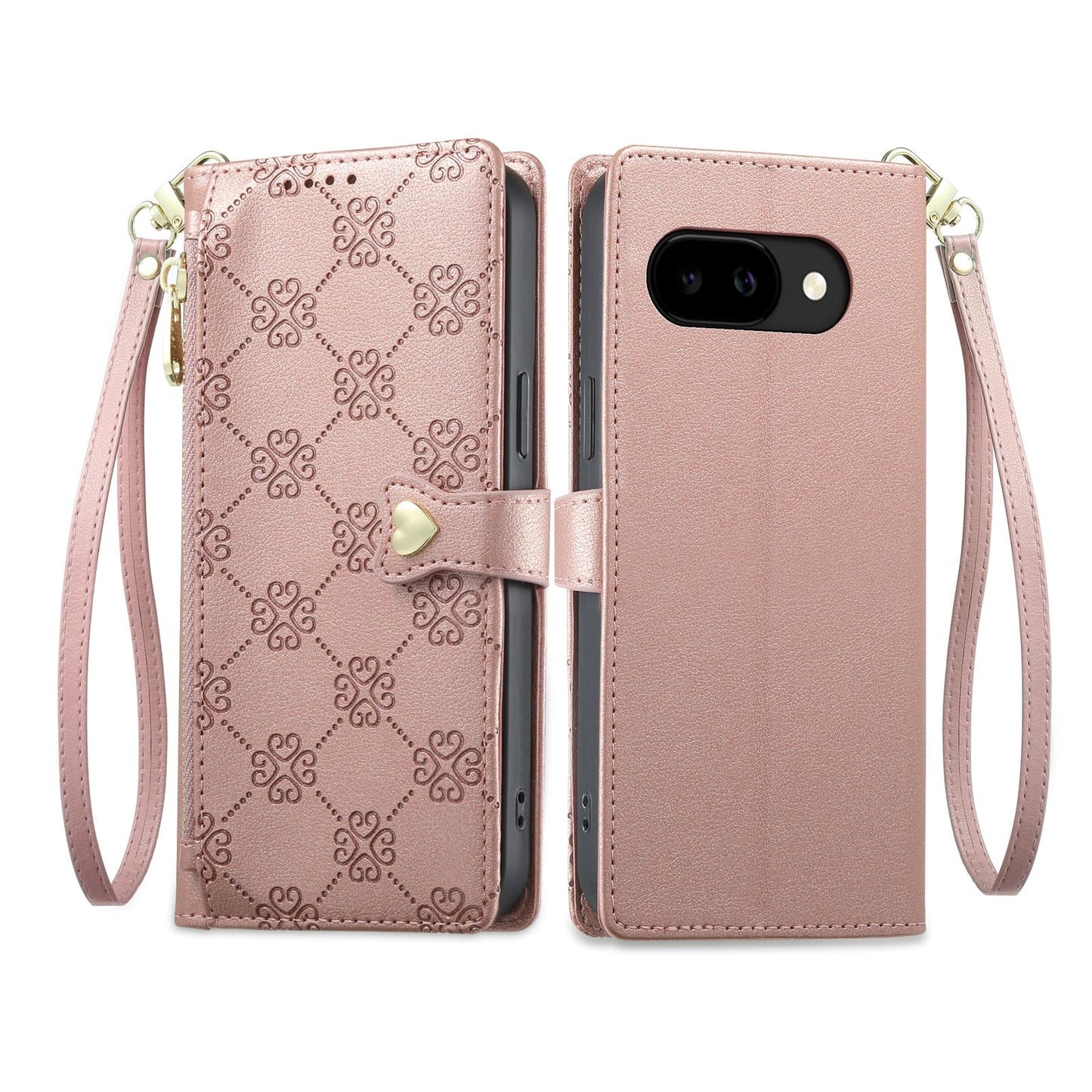 For Google Pixel 9a Zipper Wallet Heart Buckle Vegan Leather Phone Case with Wrist Strap(Pink)