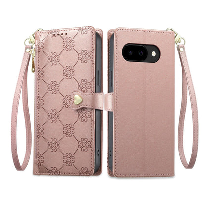 For Google Pixel 9a Zipper Wallet Heart Buckle Vegan Leather Phone Case with Wrist Strap(Pink)
