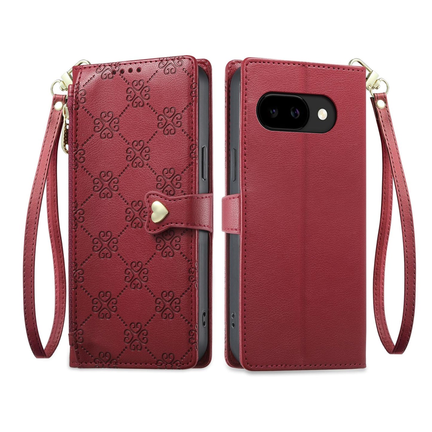 For Google Pixel 9a Zipper Wallet Heart Buckle Vegan Leather Phone Case with Wrist Strap(Red)