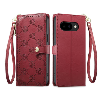 For Google Pixel 9a Zipper Wallet Heart Buckle Vegan Leather Phone Case with Wrist Strap(Red)