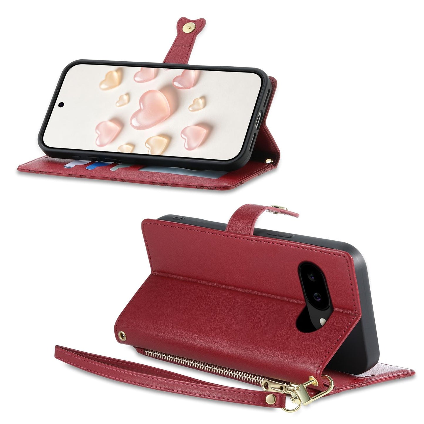 For Google Pixel 9a Zipper Wallet Heart Buckle Vegan Leather Phone Case with Wrist Strap(Red)