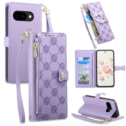 For Google Pixel 9a Zipper Wallet Heart Buckle Vegan Leather Phone Case with Wrist Strap(Purple)