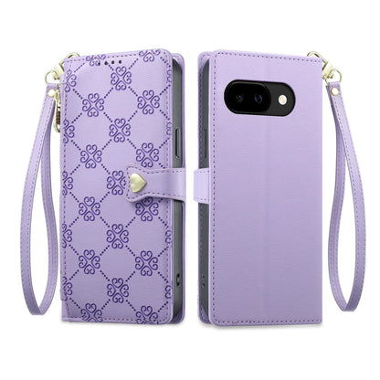For Google Pixel 9a Zipper Wallet Heart Buckle Vegan Leather Phone Case with Wrist Strap(Purple)