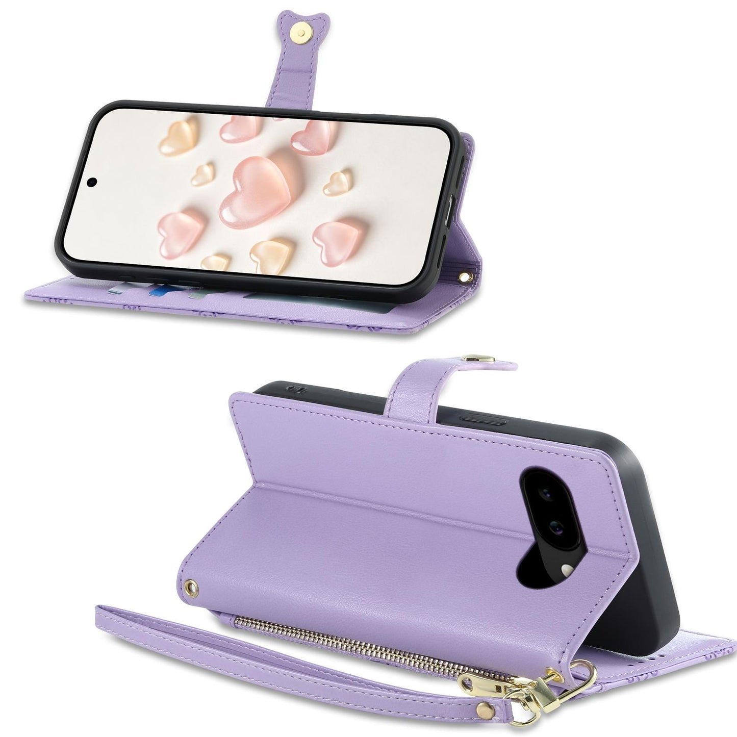For Google Pixel 9a Zipper Wallet Heart Buckle Vegan Leather Phone Case with Wrist Strap(Purple)