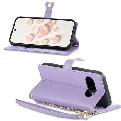 For Google Pixel 9a Zipper Wallet Heart Buckle Vegan Leather Phone Case with Wrist Strap(Purple)