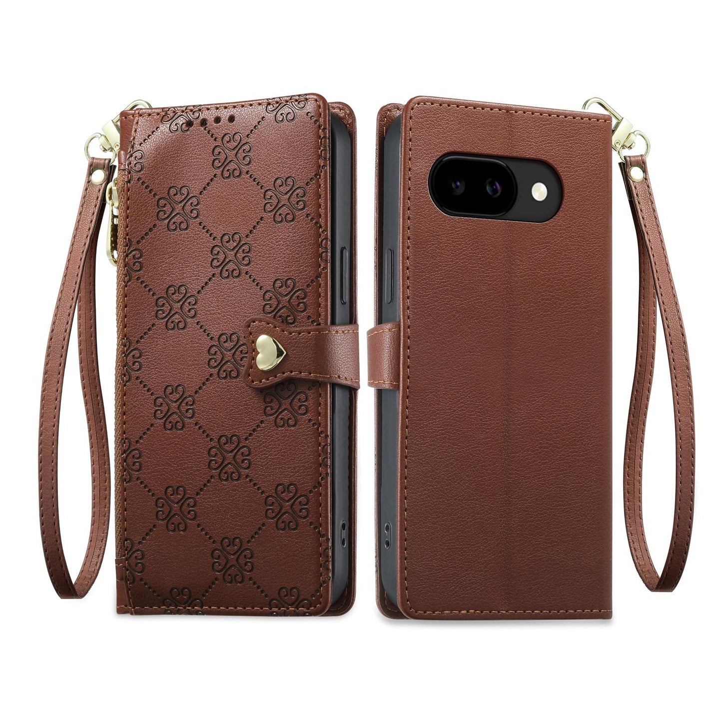 For Google Pixel 9a Zipper Wallet Heart Buckle Vegan Leather Phone Case with Wrist Strap(Brown)