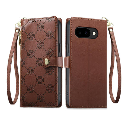 For Google Pixel 9a Zipper Wallet Heart Buckle Vegan Leather Phone Case with Wrist Strap(Brown)
