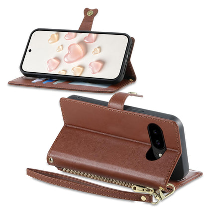 For Google Pixel 9a Zipper Wallet Heart Buckle Vegan Leather Phone Case with Wrist Strap(Brown)