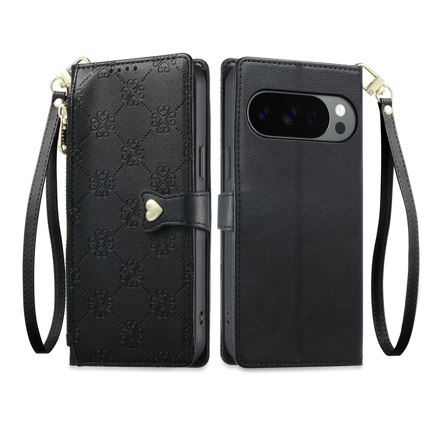 For Google Pixel 11 Pro XL / 10 Pro XL Zipper Wallet Heart Buckle Vegan Leather Phone Case with Wrist Strap(Black)