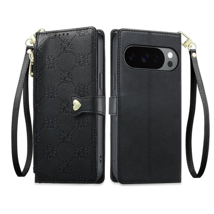 For Google Pixel 11 Pro XL / 10 Pro XL Zipper Wallet Heart Buckle Vegan Leather Phone Case with Wrist Strap(Black)