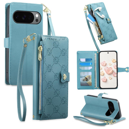 For Google Pixel 11 Pro XL / 10 Pro XL Zipper Wallet Heart Buckle Vegan Leather Phone Case with Wrist Strap(Lake Blue)