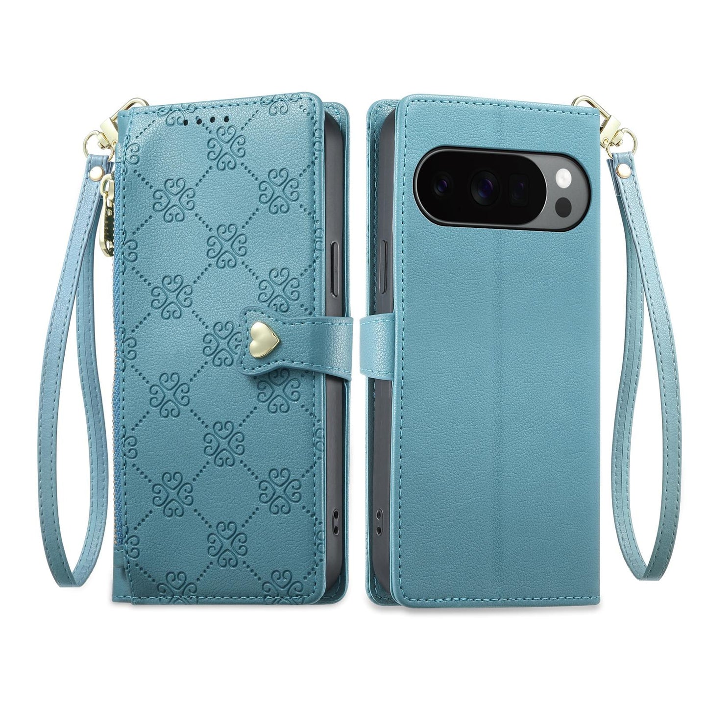 For Google Pixel 11 Pro XL / 10 Pro XL Zipper Wallet Heart Buckle Vegan Leather Phone Case with Wrist Strap(Lake Blue)