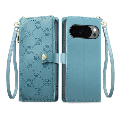 For Google Pixel 11 Pro XL / 10 Pro XL Zipper Wallet Heart Buckle Vegan Leather Phone Case with Wrist Strap(Lake Blue)