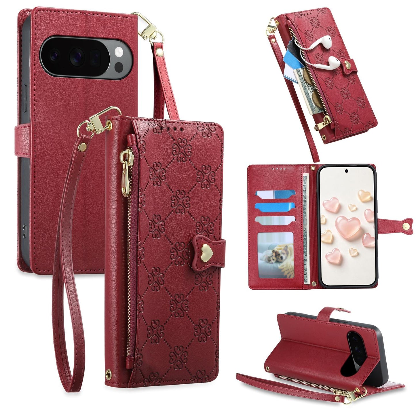 For Google Pixel 11 Pro XL / 10 Pro XL Zipper Wallet Heart Buckle Vegan Leather Phone Case with Wrist Strap(Red)