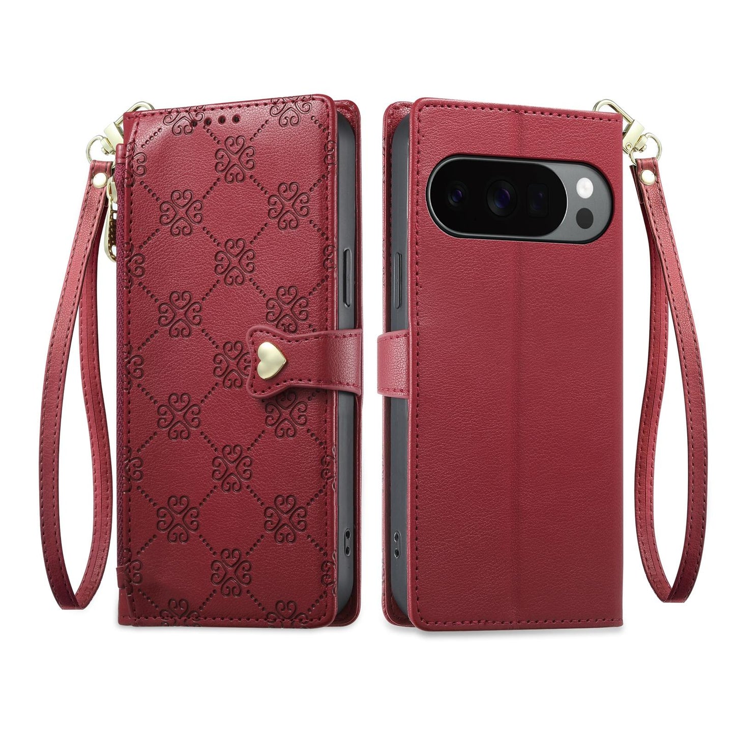 For Google Pixel 11 Pro XL / 10 Pro XL Zipper Wallet Heart Buckle Vegan Leather Phone Case with Wrist Strap(Red)