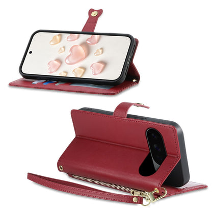 For Google Pixel 11 Pro XL / 10 Pro XL Zipper Wallet Heart Buckle Vegan Leather Phone Case with Wrist Strap(Red)