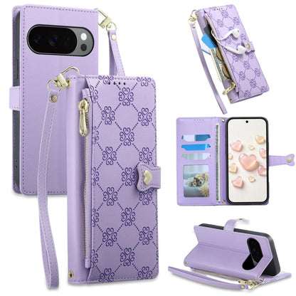 For Google Pixel 11 Pro XL / 10 Pro XL Zipper Wallet Heart Buckle Vegan Leather Phone Case with Wrist Strap(Purple)