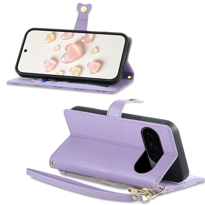 For Google Pixel 11 Pro XL / 10 Pro XL Zipper Wallet Heart Buckle Vegan Leather Phone Case with Wrist Strap(Purple)