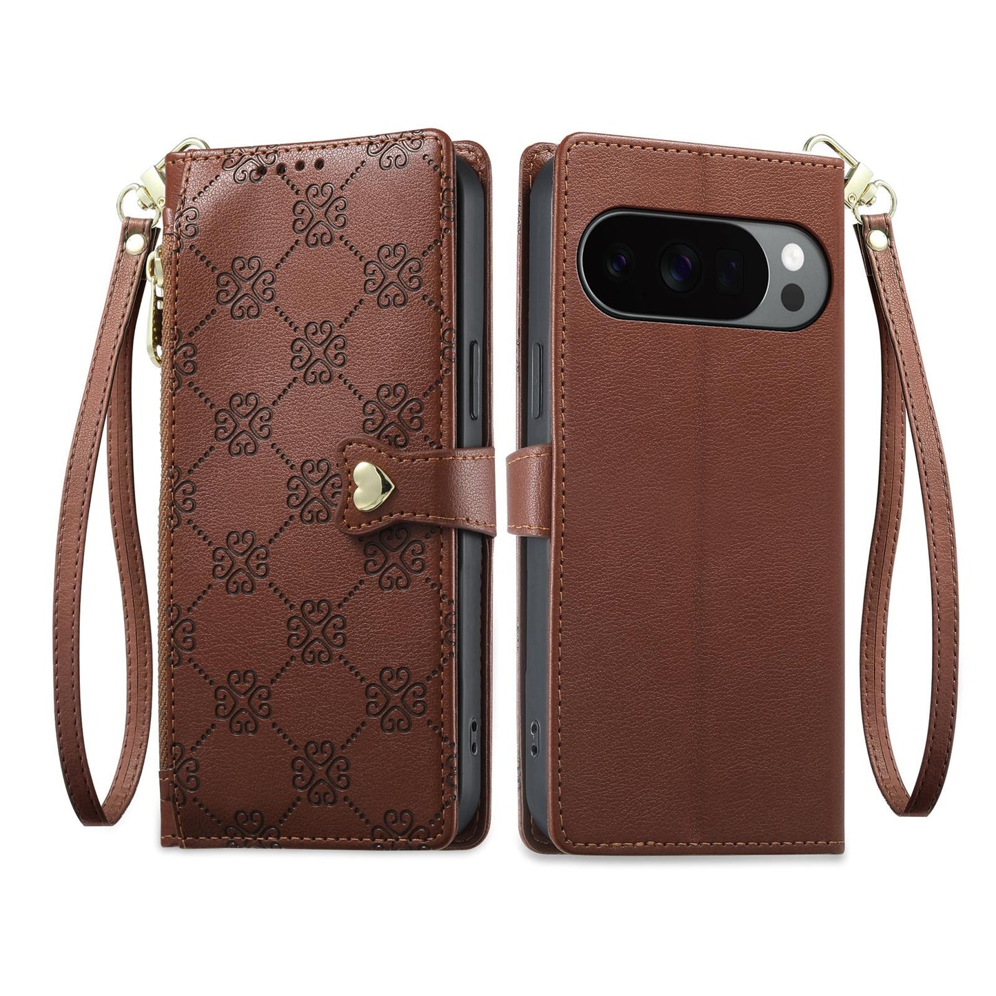 For Google Pixel 11 Pro XL / 10 Pro XL Zipper Wallet Heart Buckle Vegan Leather Phone Case with Wrist Strap(Brown)