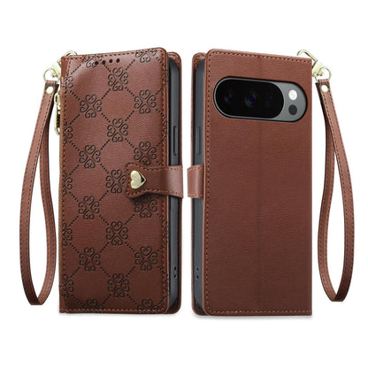 For Google Pixel 11 Pro XL / 10 Pro XL Zipper Wallet Heart Buckle Vegan Leather Phone Case with Wrist Strap(Brown)