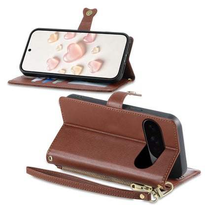 For Google Pixel 11 Pro XL / 10 Pro XL Zipper Wallet Heart Buckle Vegan Leather Phone Case with Wrist Strap(Brown)