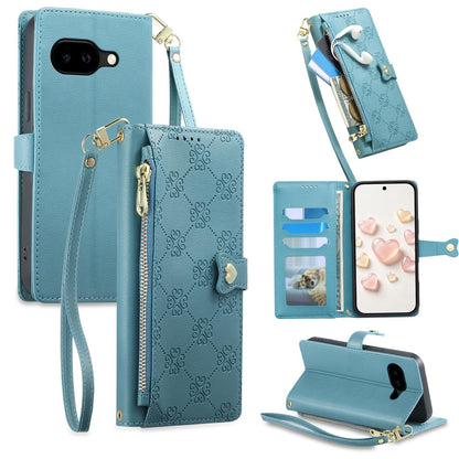 For Google Pixel 10a Zipper Wallet Heart Buckle Vegan Leather Phone Case with Wrist Strap(Lake Blue)