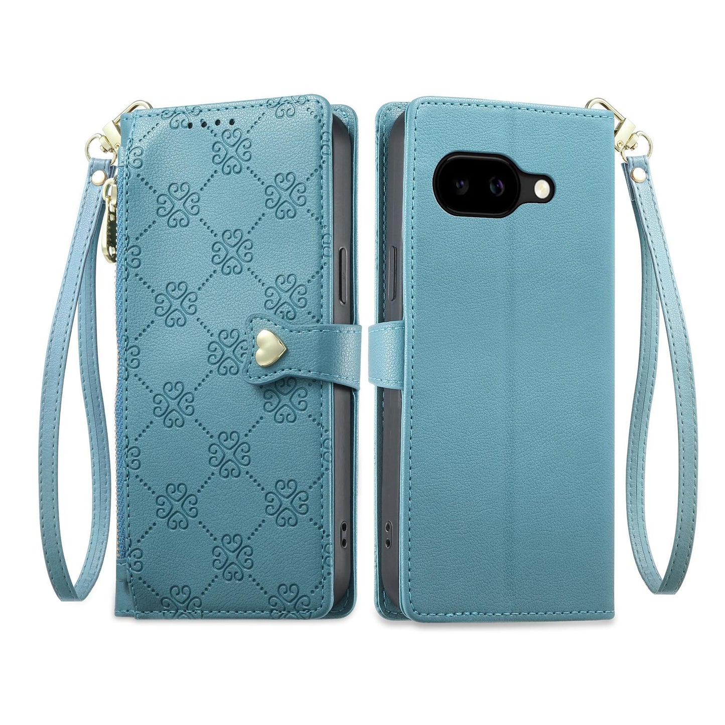 For Google Pixel 10a Zipper Wallet Heart Buckle Vegan Leather Phone Case with Wrist Strap(Lake Blue)