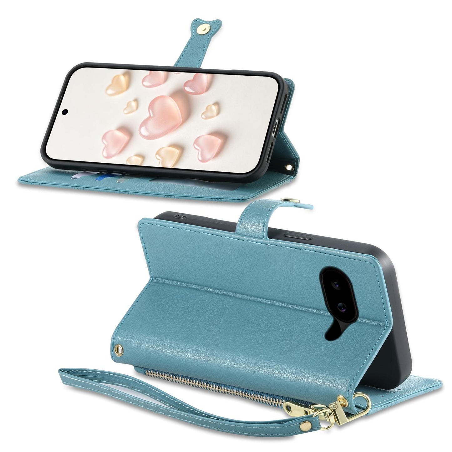 For Google Pixel 10a Zipper Wallet Heart Buckle Vegan Leather Phone Case with Wrist Strap(Lake Blue)