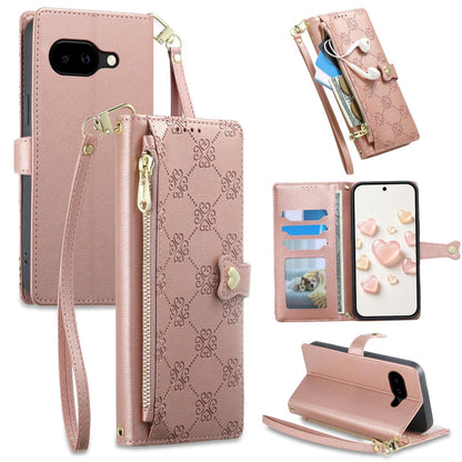 For Google Pixel 10a Zipper Wallet Heart Buckle Vegan Leather Phone Case with Wrist Strap(Pink)