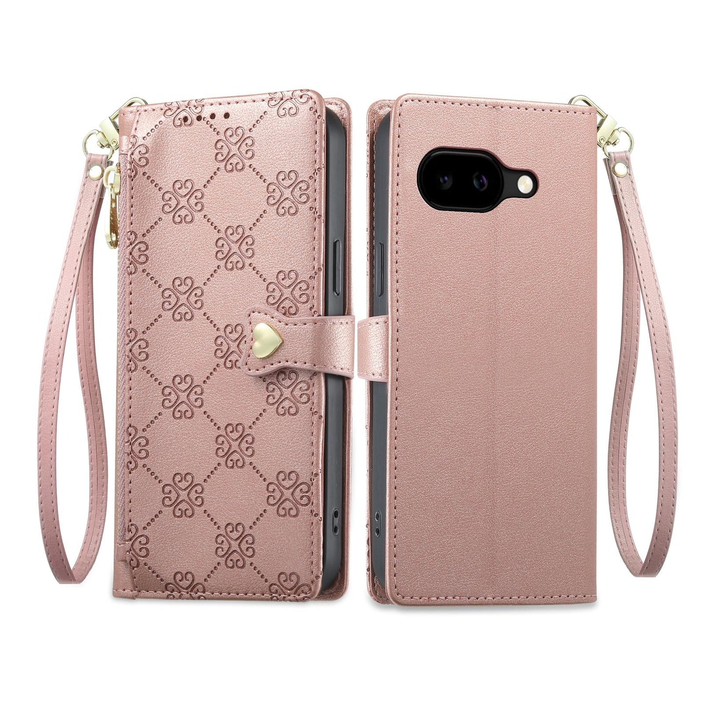 For Google Pixel 10a Zipper Wallet Heart Buckle Vegan Leather Phone Case with Wrist Strap(Pink)