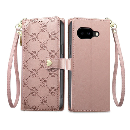 For Google Pixel 10a Zipper Wallet Heart Buckle Vegan Leather Phone Case with Wrist Strap(Pink)