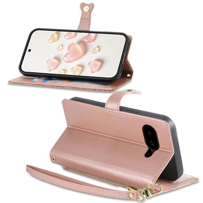 For Google Pixel 10a Zipper Wallet Heart Buckle Vegan Leather Phone Case with Wrist Strap(Pink)