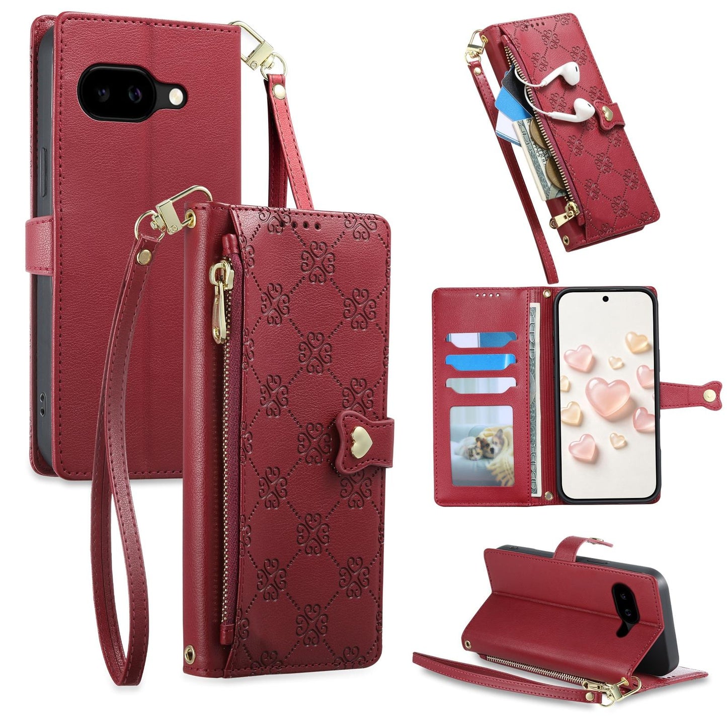 For Google Pixel 10a Zipper Wallet Heart Buckle Vegan Leather Phone Case with Wrist Strap(Red)
